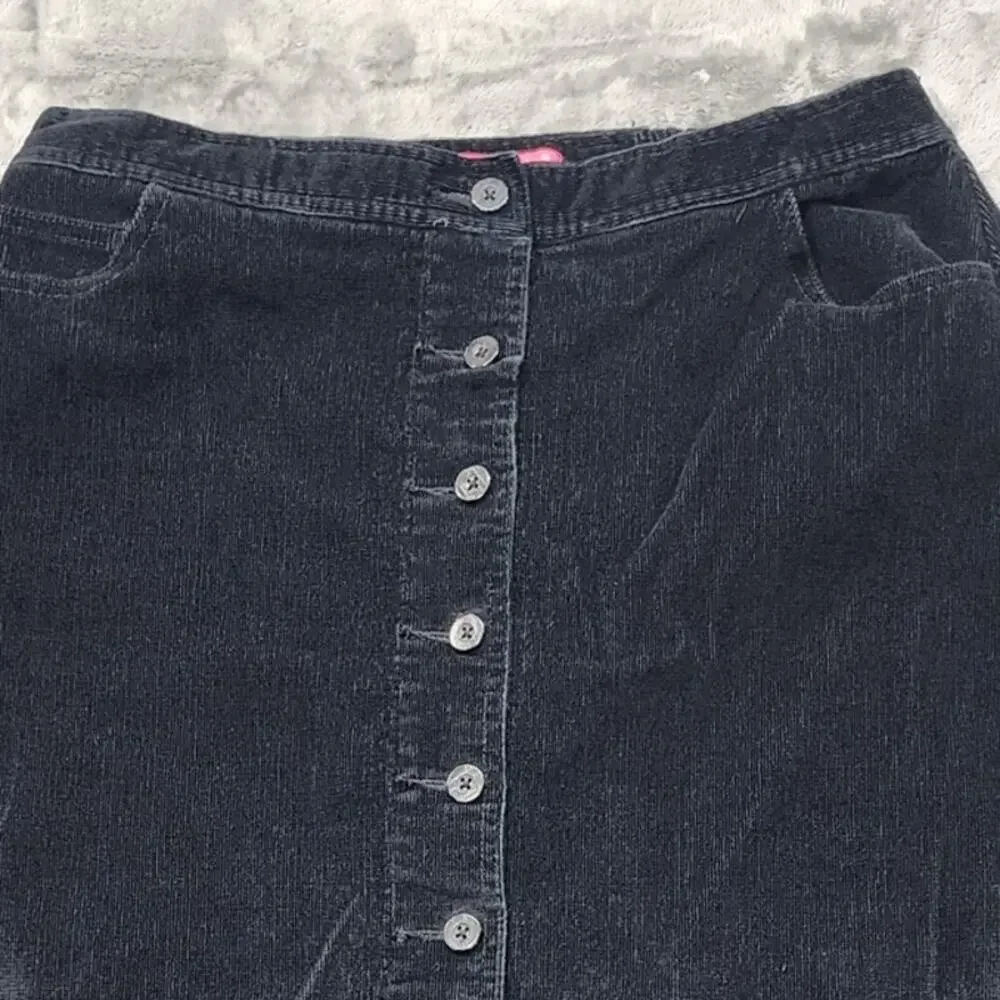 Woman Within Skirt Womens 12W Black Stretch Corduroy Button Front‎ Midi A-Line